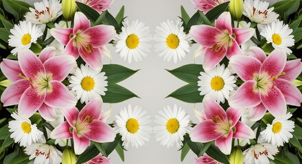 華麗なユリと雛菊 対称的デザイン 鮮やか色彩. AI Generated