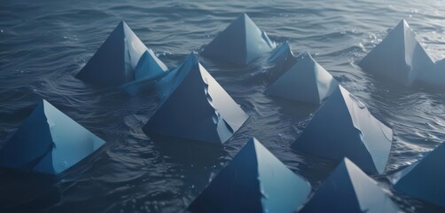 Interlocking triangles depict dynamic ocean waves; minimalist blue gradient ,  illustration,  texture,  minimalist