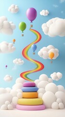 A colorful, whimsical staircase leads through fluffy clouds to floating balloons against a bright blue sky in a dreamy, imaginative scene.