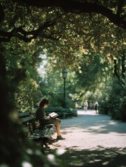 Fototapeta premium Woman Reading a Book on a Bench in a Park Under a Tree Canopy, Showcasing Quiet Contemplation and Personal Growth During Leisure Time : Generative AI