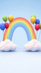 A colorful rainbow arches between fluffy clouds, surrounded by vibrant balloons against a light blue sky.