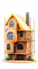 A whimsical house under construction, featuring scaffolding, rounded windows, a yellow tiled roof, and surrounding bushes.