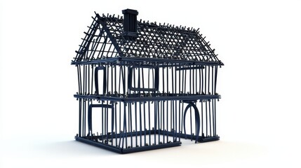 Wireframe model of a two-story house showing structural design on a white background.