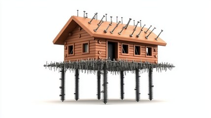 A wooden house is suspended by large screws, with additional screws protruding from the roof and sides, set against a white background.