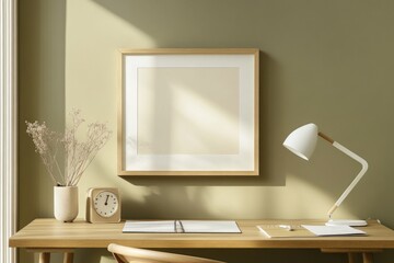 Empty frame on a light-wood desk, neutral-toned room