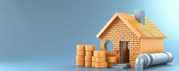 A small yellow brick house with coins and duct pipes on a blue background, symbolizing home energy and savings.