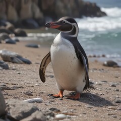 Humboldt penguin preening feathers on rocky beach,  beach,  colony