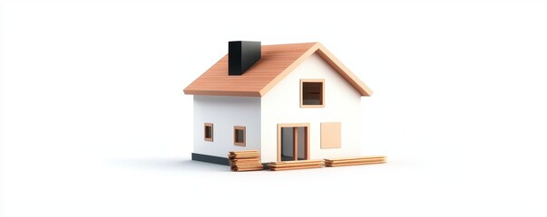 A small, modern house with a chimney and woodpile sits isolated on a white background.