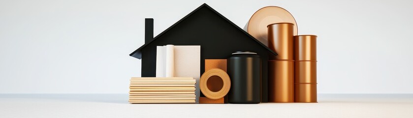Minimalist arrangement of house shape with construction materials like pipes, wood, and metal barrels on a light background.