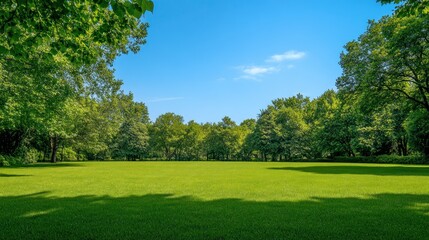 Fototapeta premium Serene Summer Meadow: A Picturesque Landscape of Lush Greenery under a Clear Blue Sky