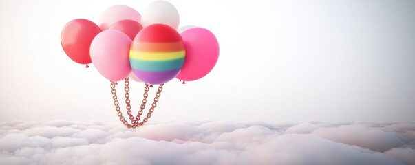 Colorful balloons, including a rainbow-striped one, float above soft, fluffy clouds in a bright sky.