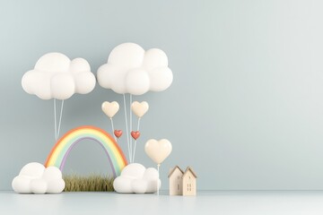 Minimalist pastel scene with clouds, heart balloons, a rainbow, grass, and two small house models against a light blue wall.
