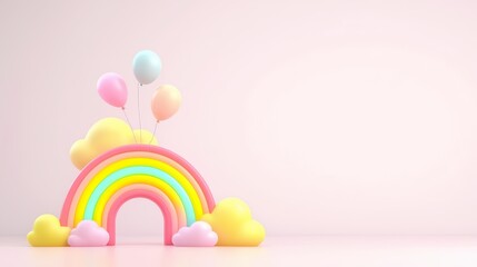 A pastel rainbow with clouds and colorful balloons on a soft pink background, creating a cheerful and whimsical atmosphere.