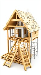 A wooden house under construction with exposed beams, scaffolding, and an unfinished staircase, showcasing architectural building progress.
