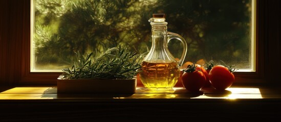 Rustic window still life featuring fresh ingredients and a vintage oil decanter