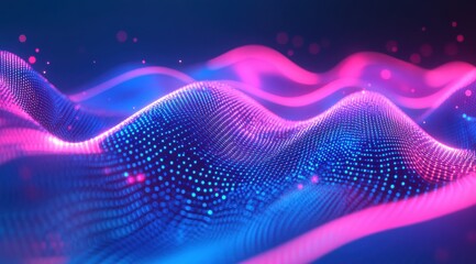Abstract digital art depicting flowing, luminous pink and blue waves composed of countless particles against a dark background, creating a sense of depth and movement