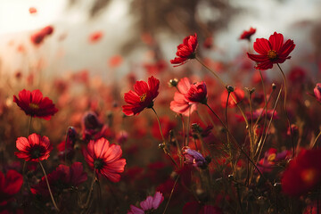 A field of vibrant red cosmos flowers in the warm sunlight.