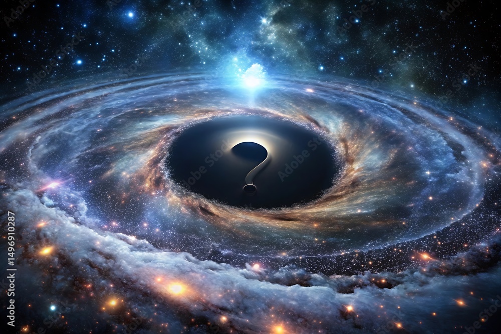 Poster a cosmic question mark floating in a swirling galaxy surrounded by stars and nebulas representing th