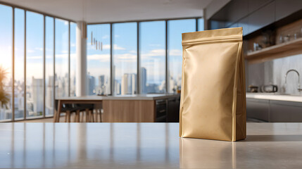 Mock up of empty gold coffee bag. With urban background. AI generated images.