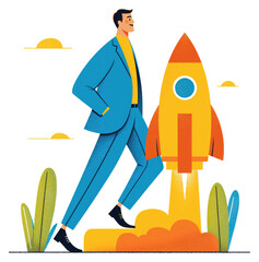 Businessman in blue suit confidently walking towards a colorful rocket launch isolated on transparent background.