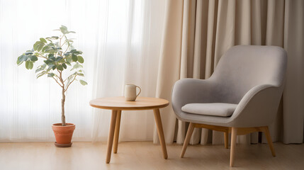 Modern living room corner with plush armchair and wooden side table, elegant home decor with a cozy ambiance.