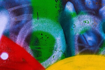 Fototapeta na wymiar Vibrant graffiti art featuring blue, green, red, yellow. Urban 90s aesthetic, fluorescent spray paint texture, street art vibe. Posters, flyers, digital art, modern 90s creatives, urban visuals.