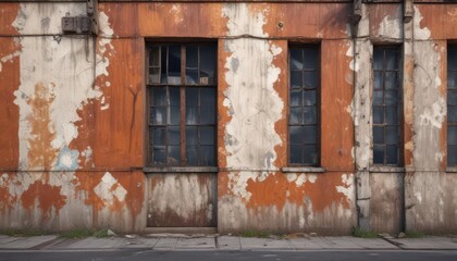 Weathered industrial facade, peeling paint, rusting metal details , weathered, building