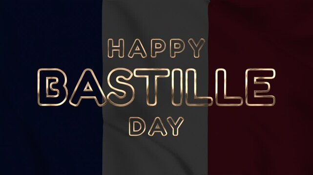 Happy Bastille Day golden text animation with stroke effect on French flag background. Perfect for Bastille Day themed motion graphic designs.