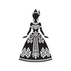 Fototapeta premium Graceful Chut Thai Vector Silhouette – Traditional Thai Dress, Elegant Draping, Cultural Heritage, Ornate Details, Timeless Beauty, and Royal Femininity. 
