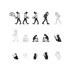 Urban People Silhouette & Outline Icon Set &ndash; Walking, Sitting, and Phone Users

