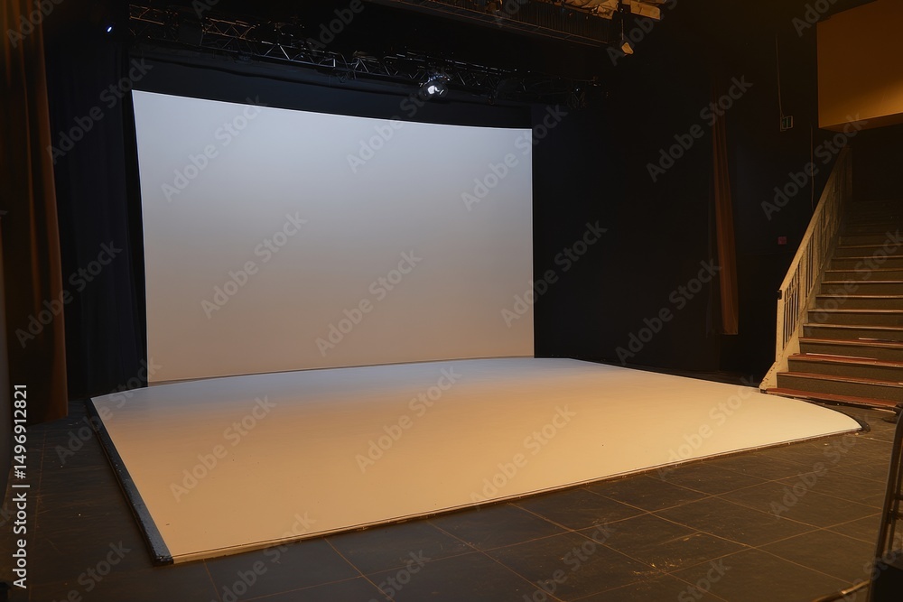 Poster a 3d rendering mockup presents a huge empty hall with a stage and stairway, where a massive illumina