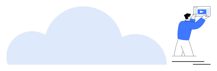 Man holding video upload interface near large cloud shape, representing data storage, file sharing, and connectivity. Ideal for technology, cloud systems, video sharing, innovation, digital tools