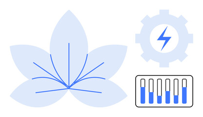 Stylized leaf with lines, gear with lightning bolt, battery levels. Ideal for sustainability, renewable energy, eco-friendly solutions, green technology, energy efficiency, innovation simple landing
