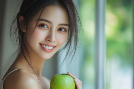 Smiling woman holding a green apple