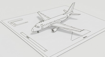 滑走路に佇む飛行機 精密な線画 白背景 優雅なデザイン. AI Generated