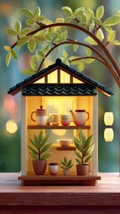 Miniature Tea House With Ceramic Pots and Vibrant Greenery in Cozy Indoor Setting