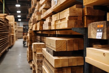 Obraz premium Stacked wooden bars in�hardware store.