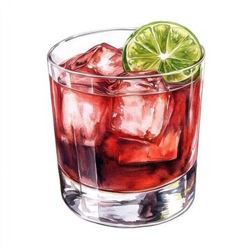 Watercolor illustration of a vibrant, red cocktail in a rocks glass, garnished with a lime slice and ice