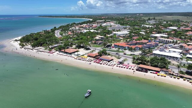 Coroa Vermelha Beach In Santa Cruz Cabralia Bahia Brazil. Breathtaking Aerial View Of A Lush Tropical Coastline Scenery. Coast Horizon Seaside Summertime. Coast Outside Beach Panoramic.