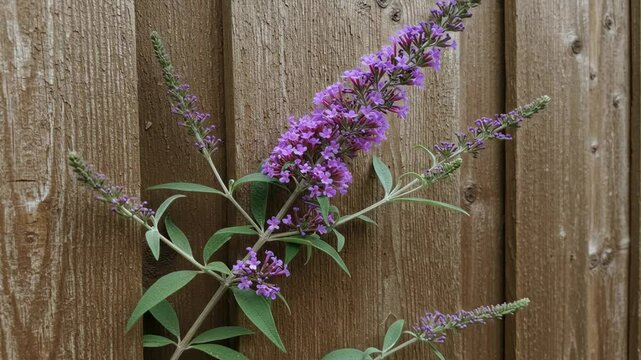 Vibrant purple budleja flowers growing against a rustic wooden fence, showcasing nature's beauty in a serene setting