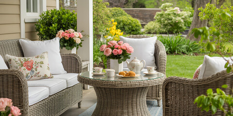 Fototapeta premium Serene Spring Porch Scene with Wicker Furniture, Tea Set, and Rose Decorations