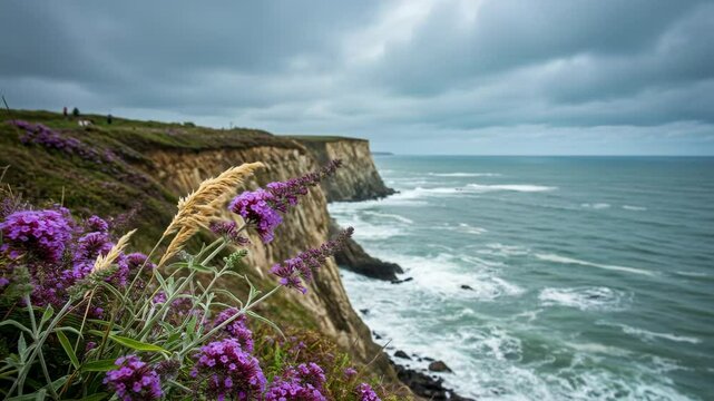 Coastal cliff with vibrant purple budleja flowers in the foreground, waves crashing below, under cloudy skies
