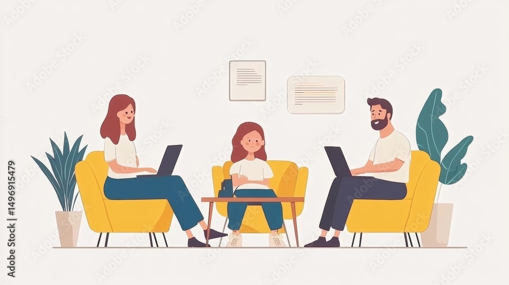 Poster team collaboration in a modern workspace. three people working on laptops, engaged in a casual discu