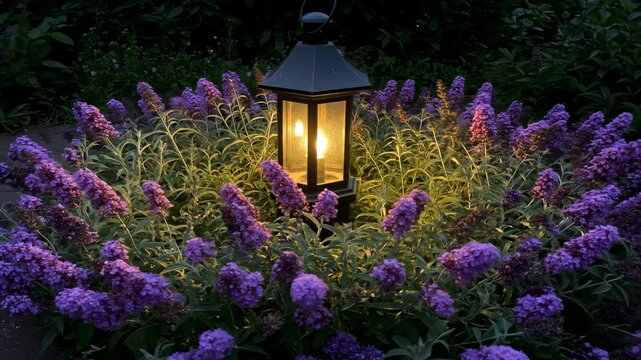 Lantern illuminating vibrant purple budleja flowers in a serene garden at dusk, creating a magical atmosphere