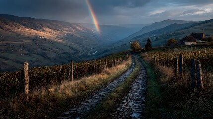 Stunning Autumn Vineyard Scene in Bourgogne with a Vivid Rainbow and Rustic Fence Illuminated by Morning Light