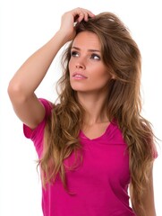 Fototapeta premium A woman playing with her hair while gazing into the distance, medium closeup, isolate on white background