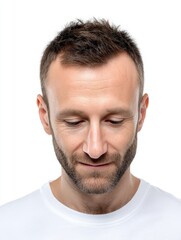 Obraz premium A man looking down with a subtle smile, medium closeup, isolate on white background