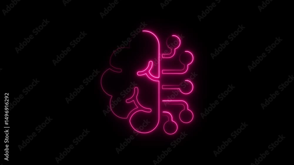 Poster animated neon brain representing artificial intelligence and technological advancement against a bla