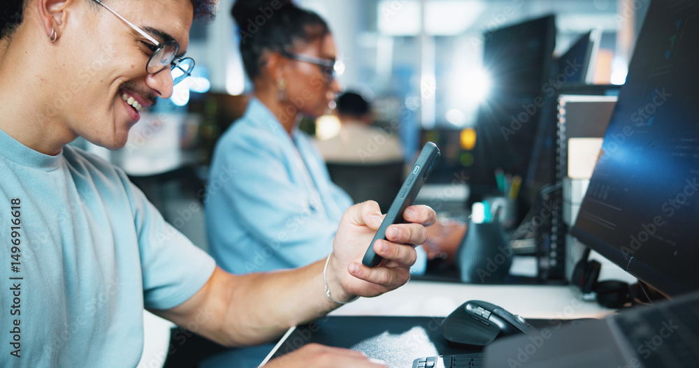 Aufkleber Computer, businessman and programmer with smartphone in office, coding software and download app. Coworking, male person and developer with mobile for web analytics, seo update and typing on break
