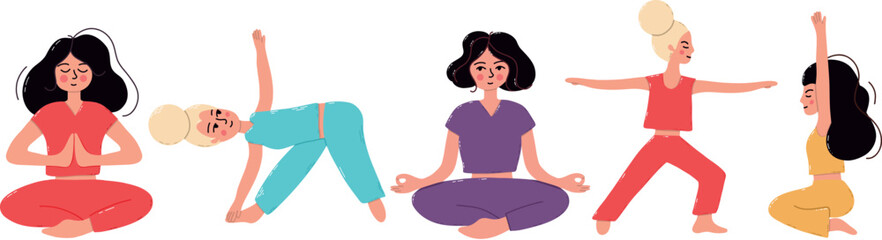 Diverse Women Practicing Yoga and Meditation in Various Relaxing Poses. Illustration depicting women engaging in different yoga routines, showcasing diversity in meditation and health-focused 